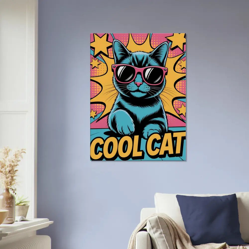 Pop art poster of a cat with pink sunglasses on artist-grade cotton-poly canvas solid wood frame