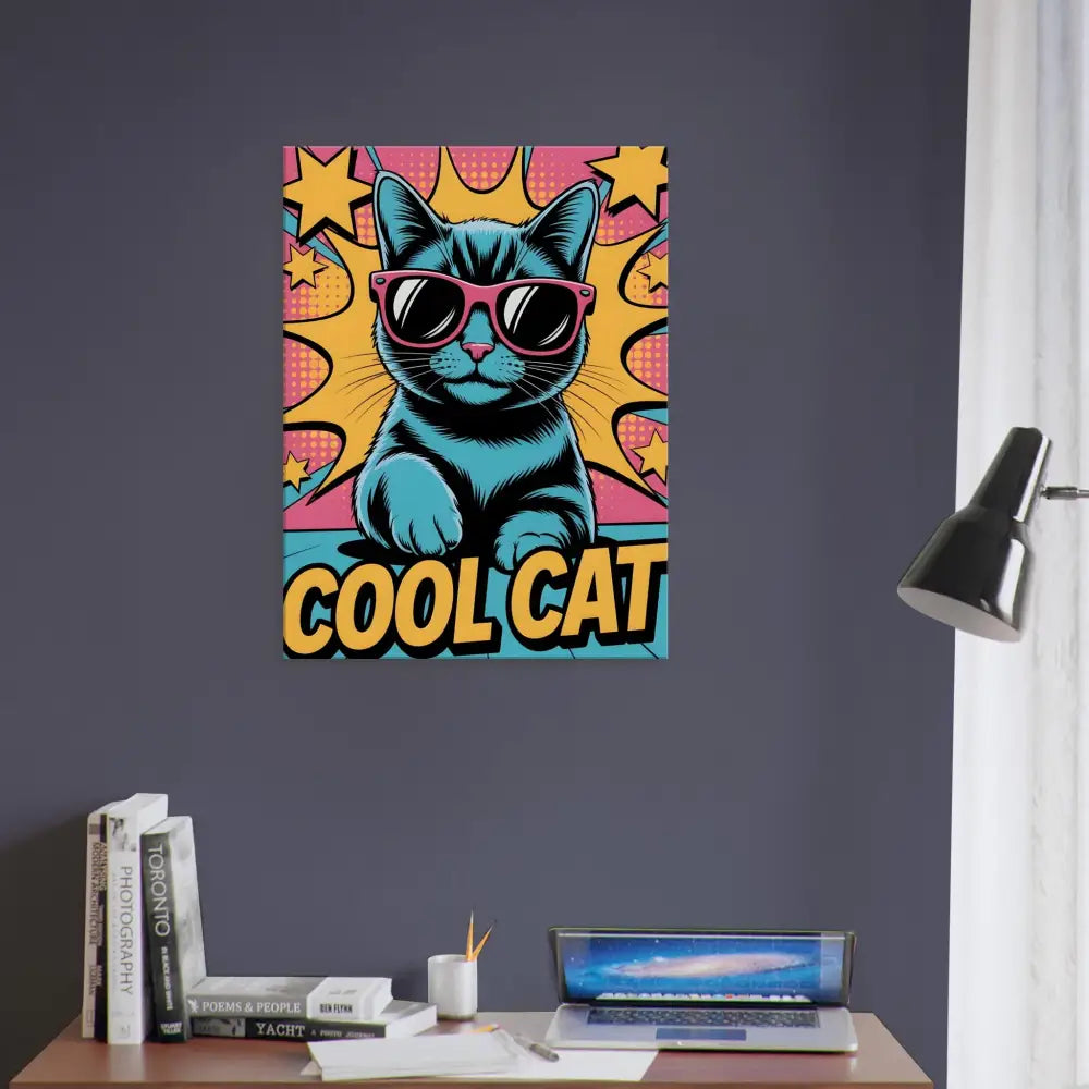 Vibrant pop art poster of teal cat with pink sunglasses on artist-grade cotton-poly canvas