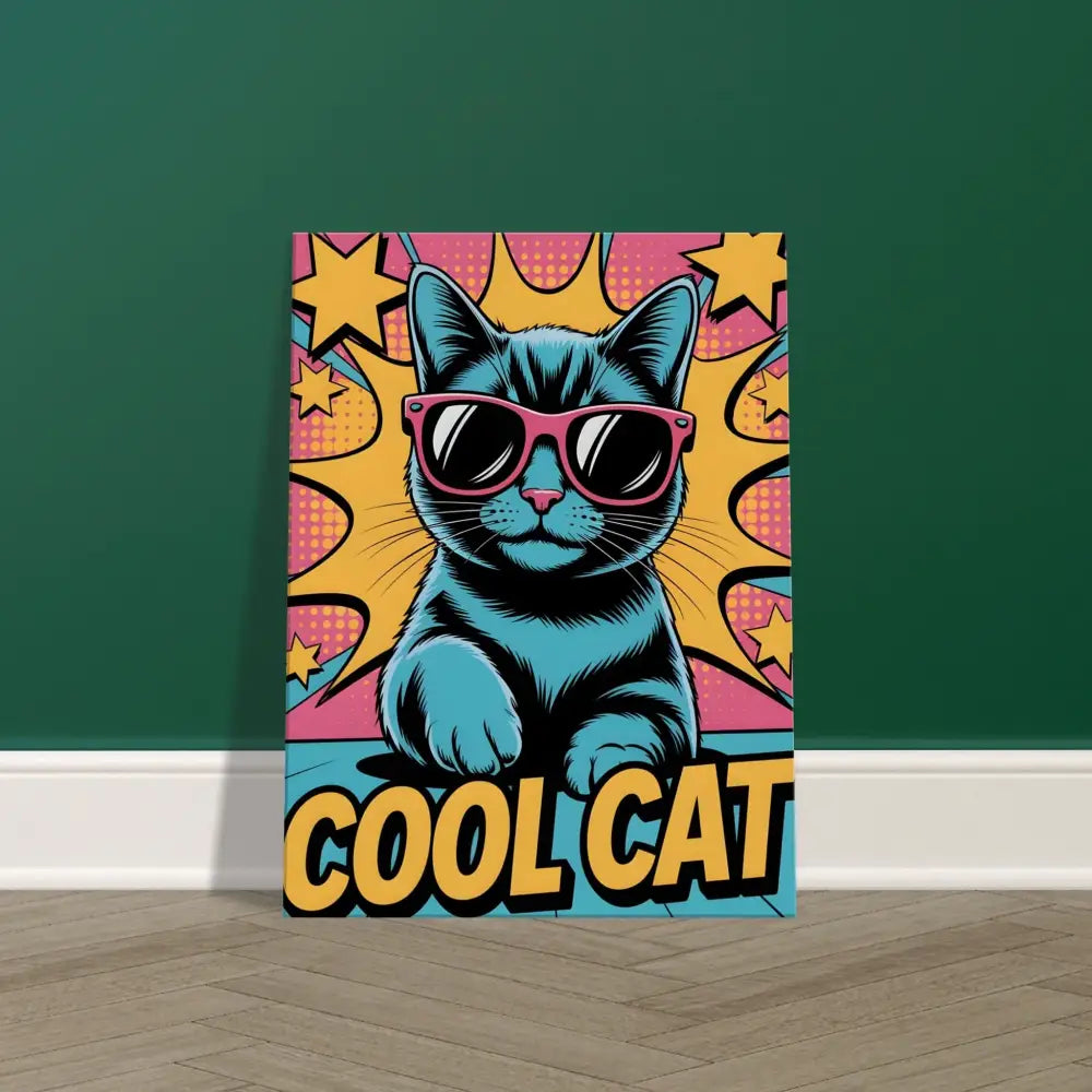 Pop art canvas print of blue cat with pink sunglasses on artist-grade cotton-poly canvas