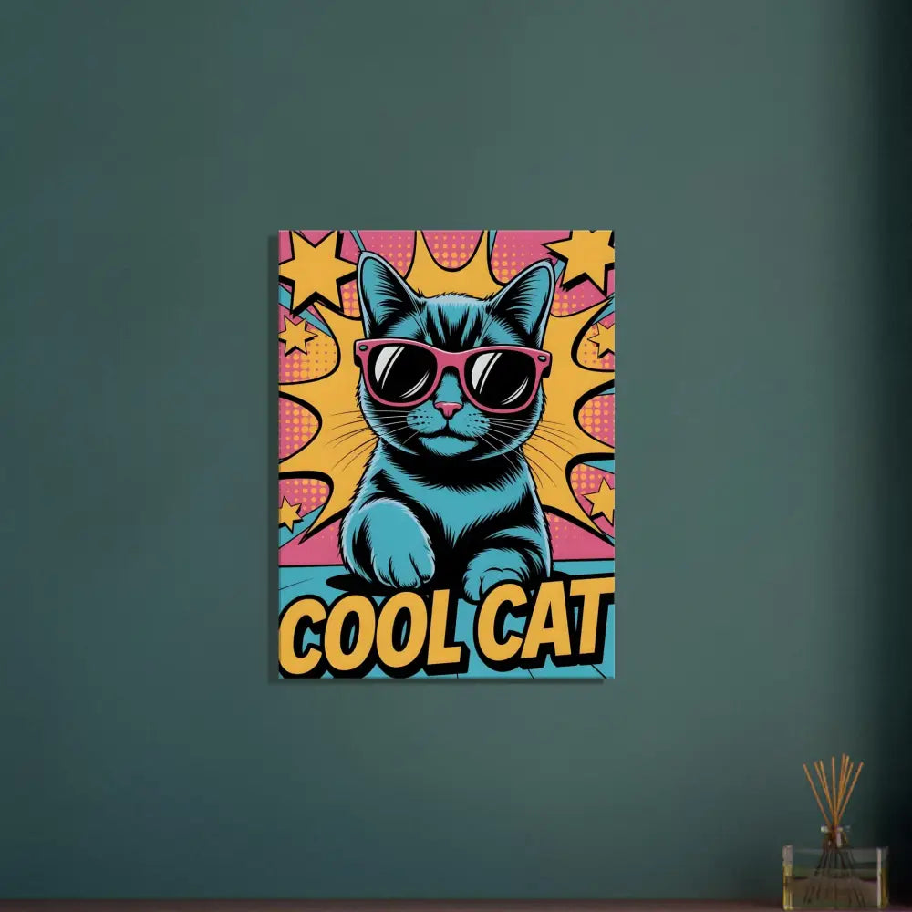 Vibrant pop-art style Canvas Cool Cat featuring blue cat with pink sunglasses on artist-grade cotton-poly canvas
