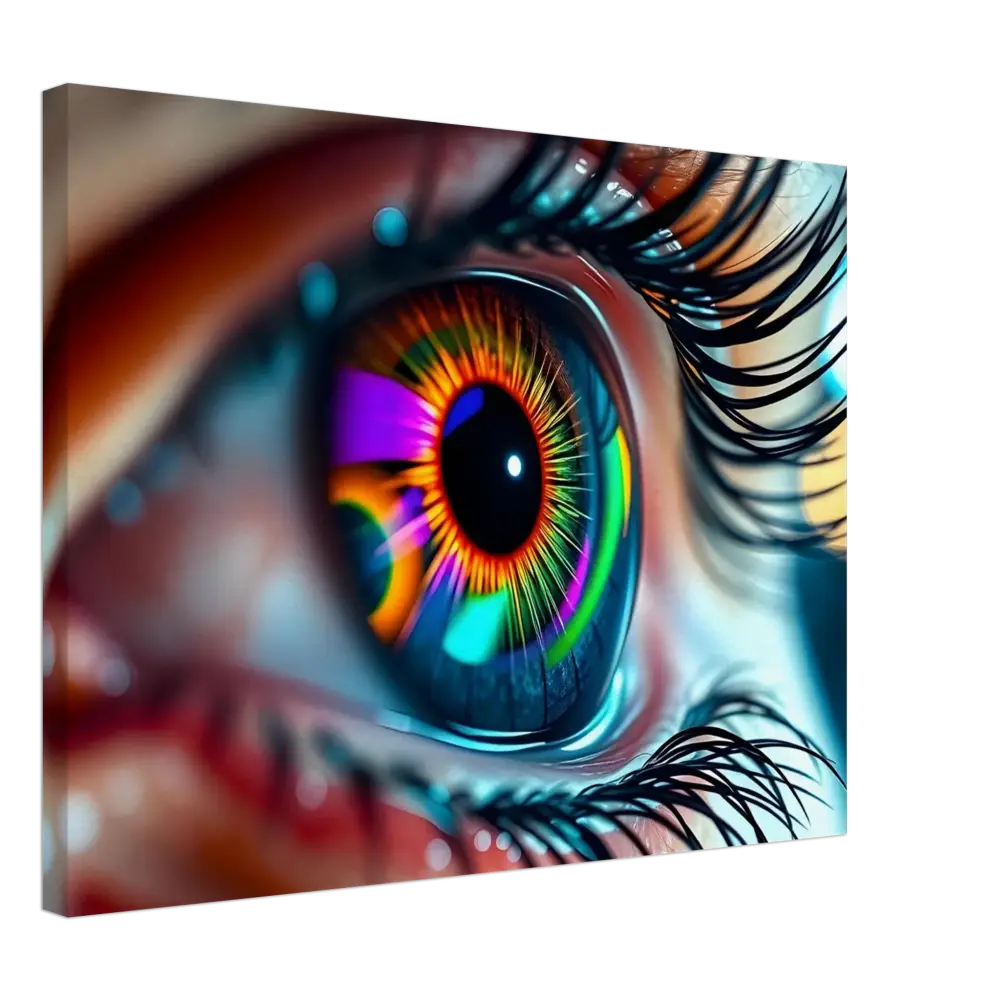 Colorful stylized human eye artwork on PixiOnyx Dreamscape Canvas titled Canvas – Cosmic Iris