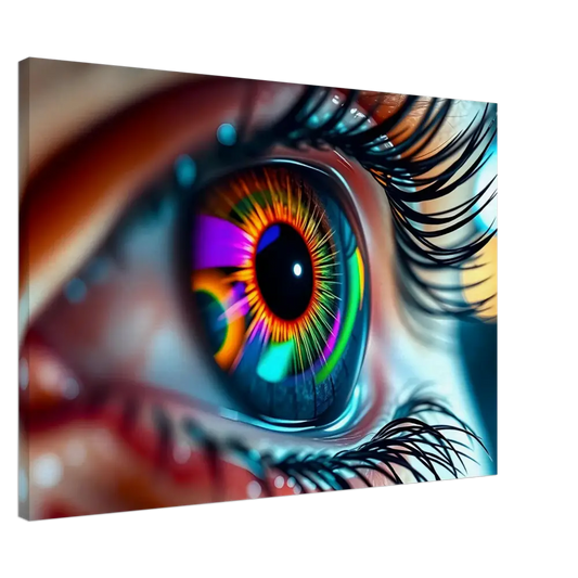 Vibrant rainbow-colored eye artwork on PixiOnyx Dreamscape Canvas titled Canvas – Cosmic Iris