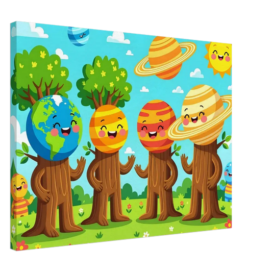 Cartoon planet-tree canvas art from PixiOnyx Stellar Kids Art for cosmic kids room decor