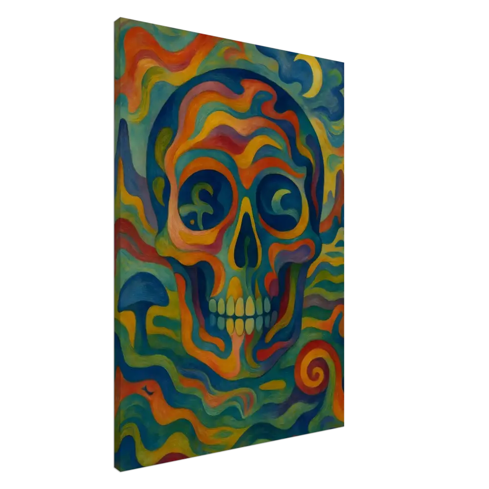 Psychedelic skull painting displayed on Canvas Craniocolor PixiOnyx Abstract Psychedelic Skull Wall Art