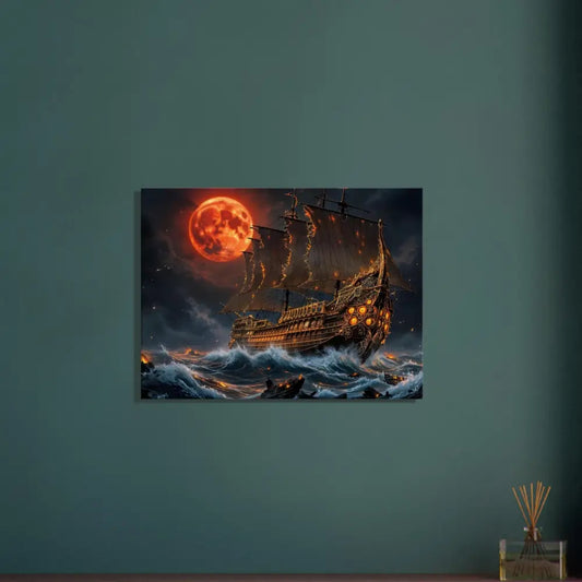 Painting of a pirate ship on a stormy sea with crashing waves collide under a blood moon in PixiOnyx Infernal Voyage edition