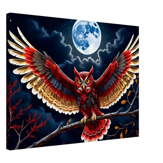 Vibrant red owl with outstretched wings on PixiOnyx Crimson Wings Unfurled Canvas