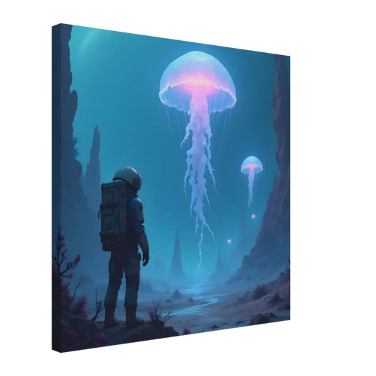 Canvas print of an astronaut gazing at bioluminescent jellyfish scene by PixiOnyx