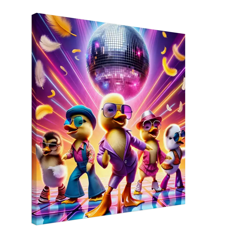 Disco-dancing ducklings with a mirror ball on PixiOnyx Retro Absurdist Display canvas