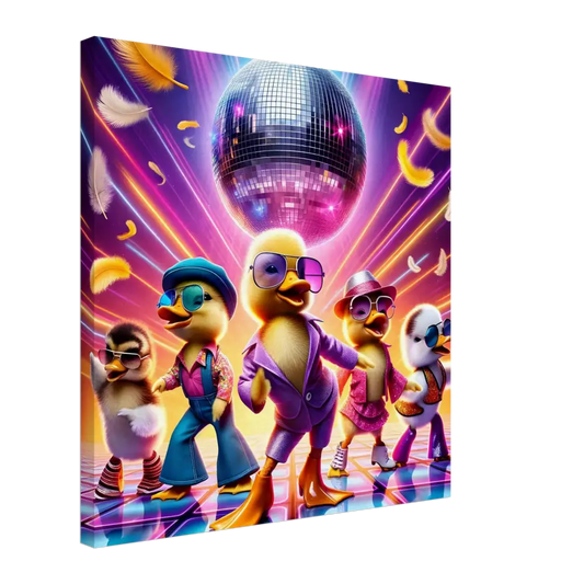 Disco Duck Group displayed on PixiOnyx Retro Absurdist Canvas titled Disco Ducklings