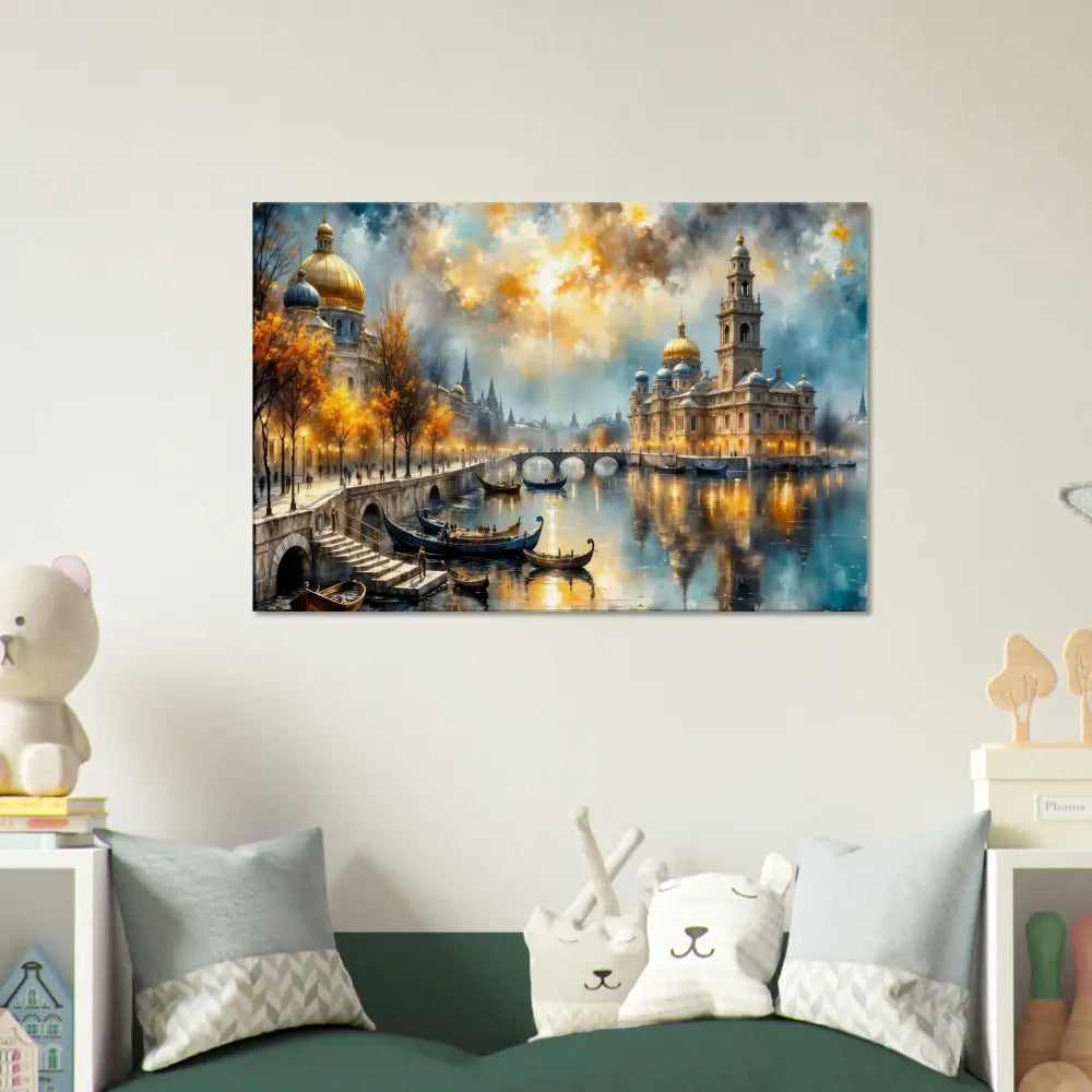 Vibrant European cityscape transcends reality at sunset on PixiOnyx Luxe Wall Display