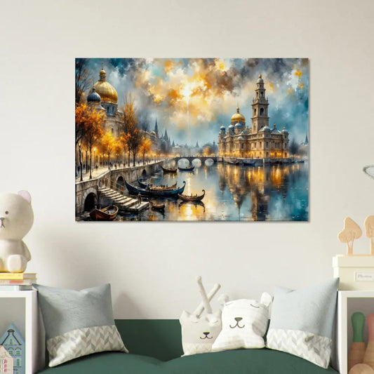 Vibrant watercolor of a European cityscape transcends reality with glowing reflected buildings