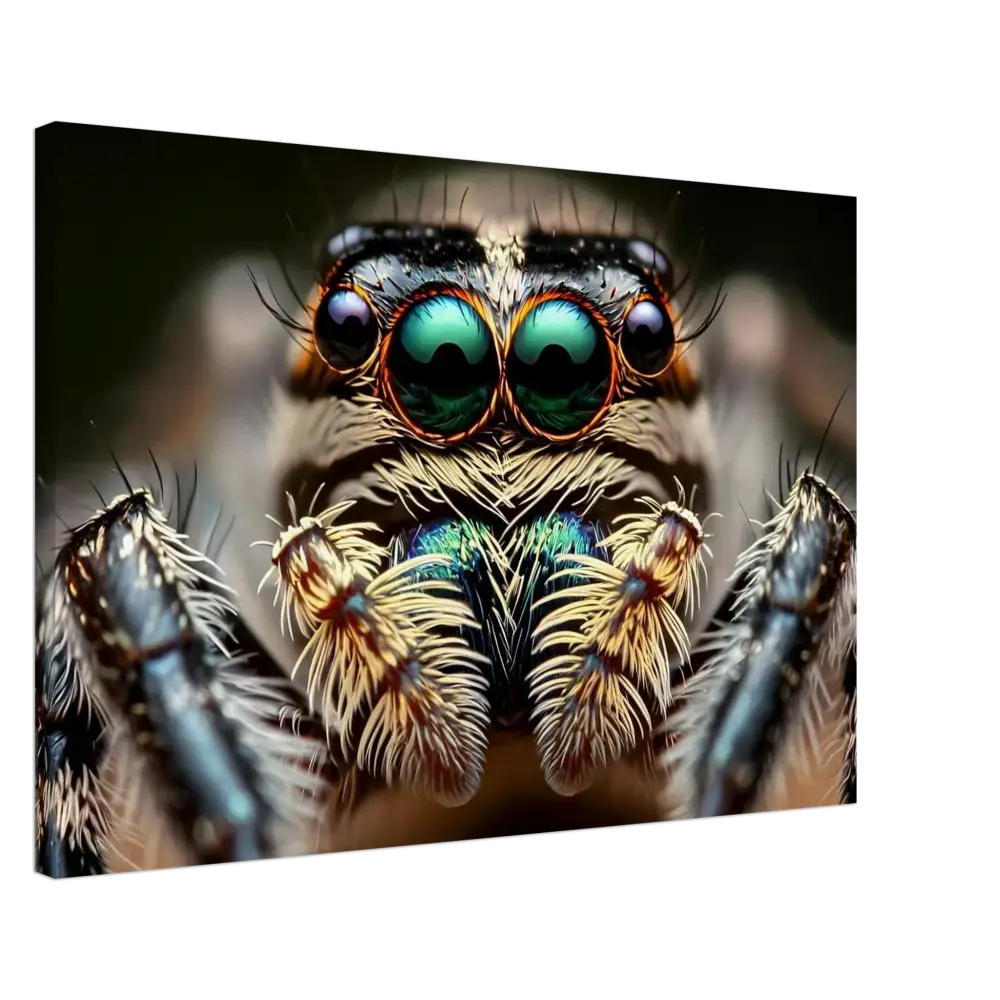 Close-up of a jumping spider showcasing intricate details in PixiOnyx Nature Obscura Canvas
