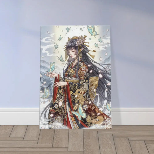 Vibrant anime-style Canvas Ethereal Kimono Maiden with butterflies on hand-stretched poly-cotton blend canvas with solid wood frame