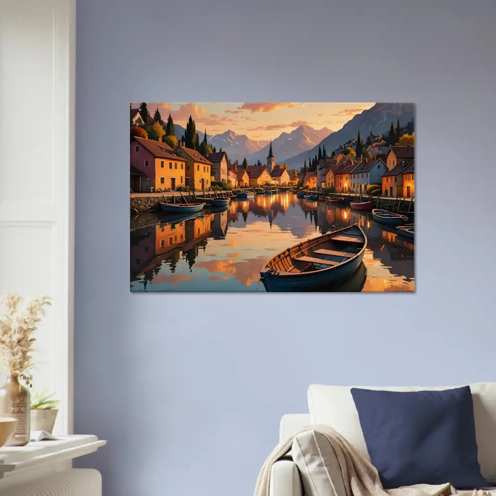 Picturesque village canal scene in PixiOnyx Sunset Serenity Print Canvas evening glow on water