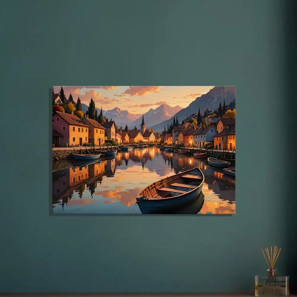 Canvas – Evening Glow on the Water PixiOnyx Sunset Serenity Print depicts a picturesque village canal scene