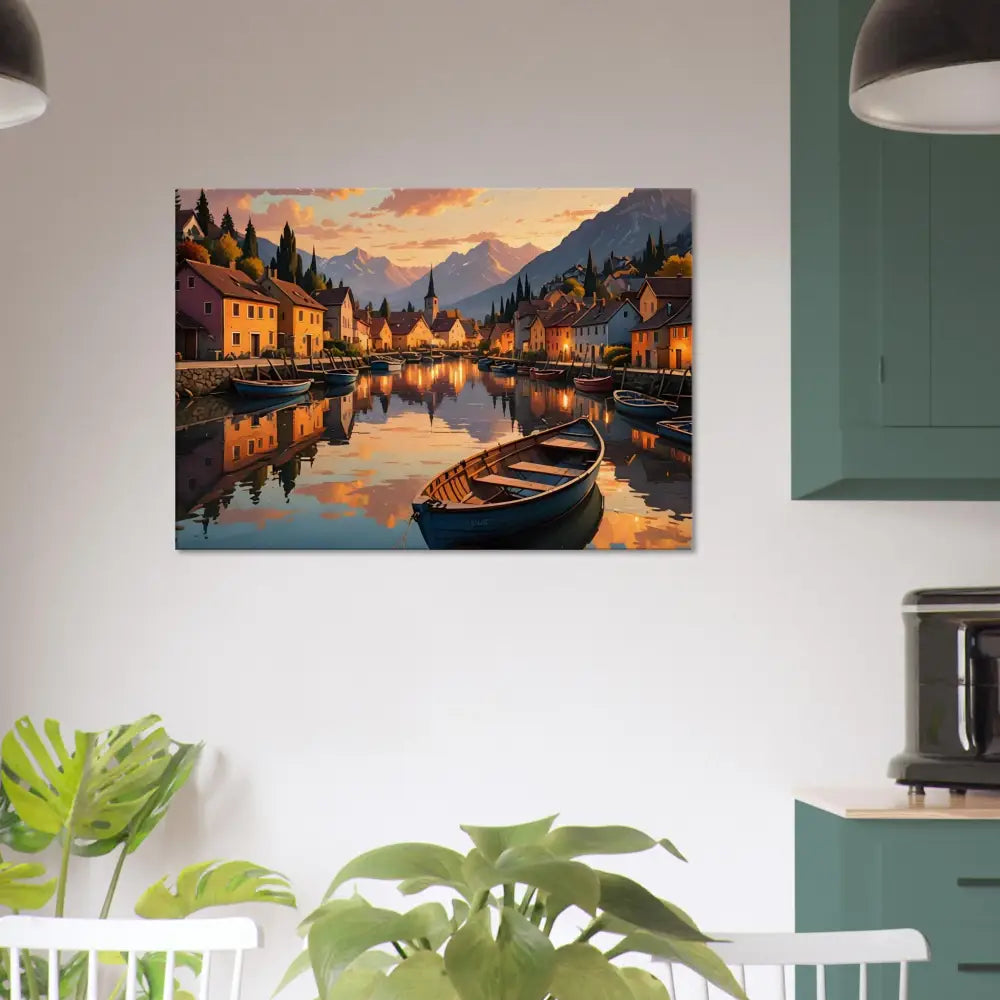 Framed canal painting titled Canvas Evening Glow on the Water PixiOnyx Sunset Serenity Print