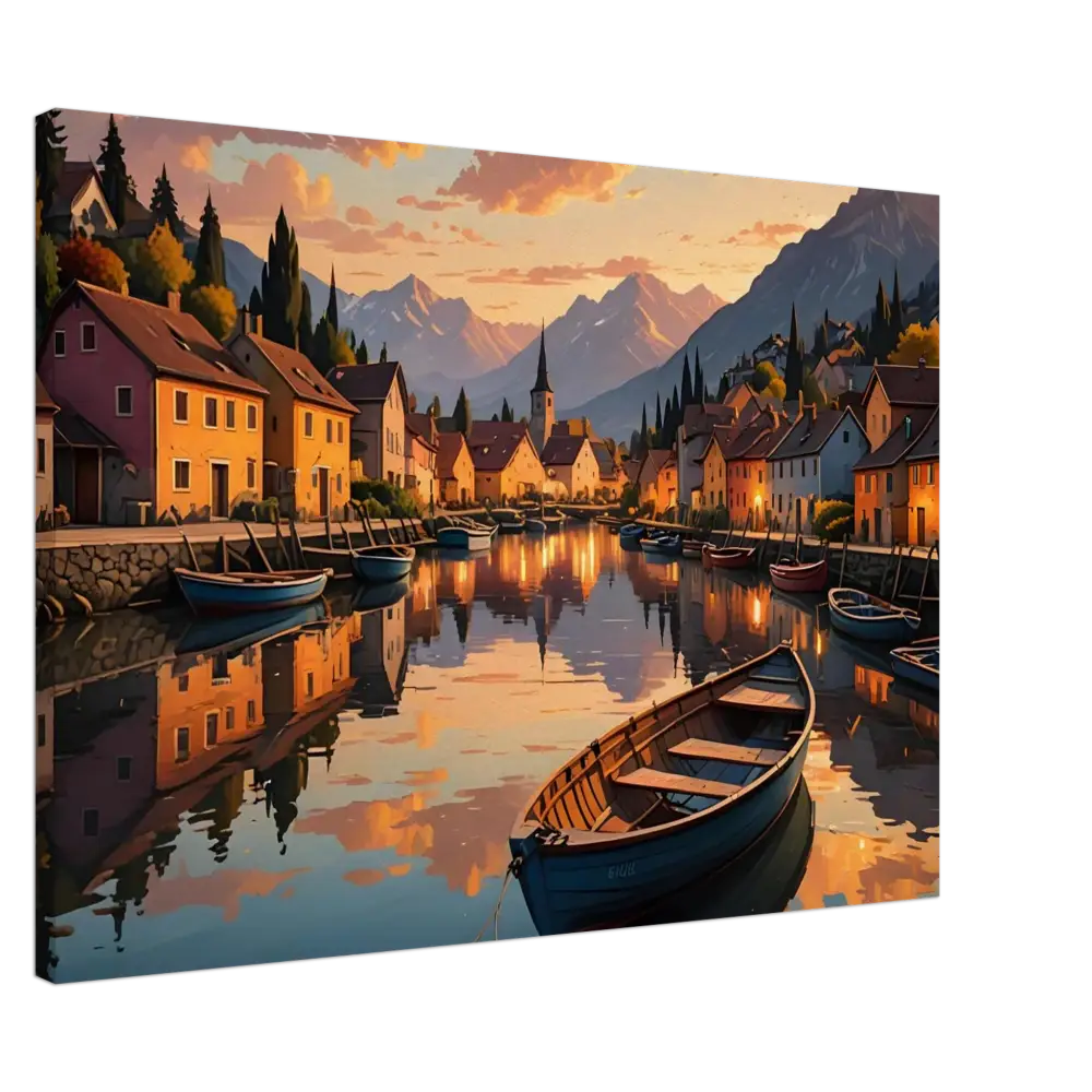 Picturesque canal town painting on Canvas Evening Glow on the Water PixiOnyx Sunset Serenity Print