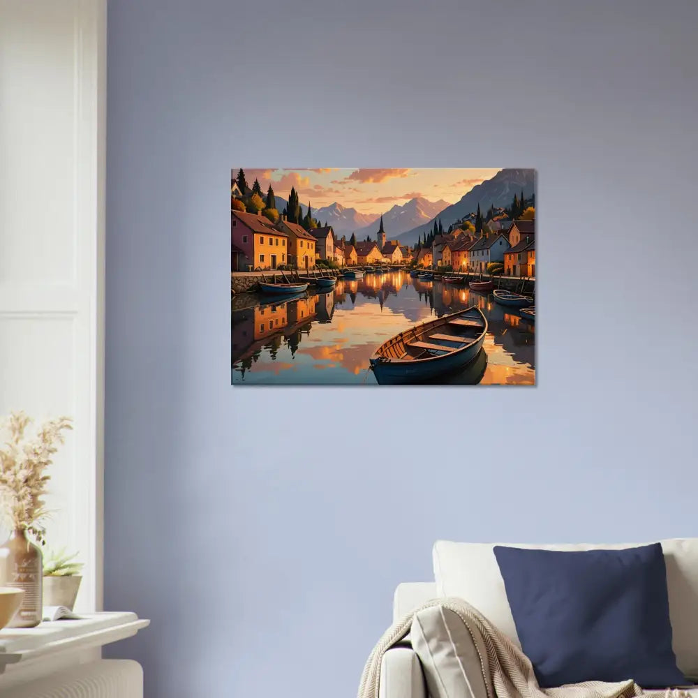 Picturesque lakeside village painting on Canvas – Evening Glow on the Water by PixiOnyx
