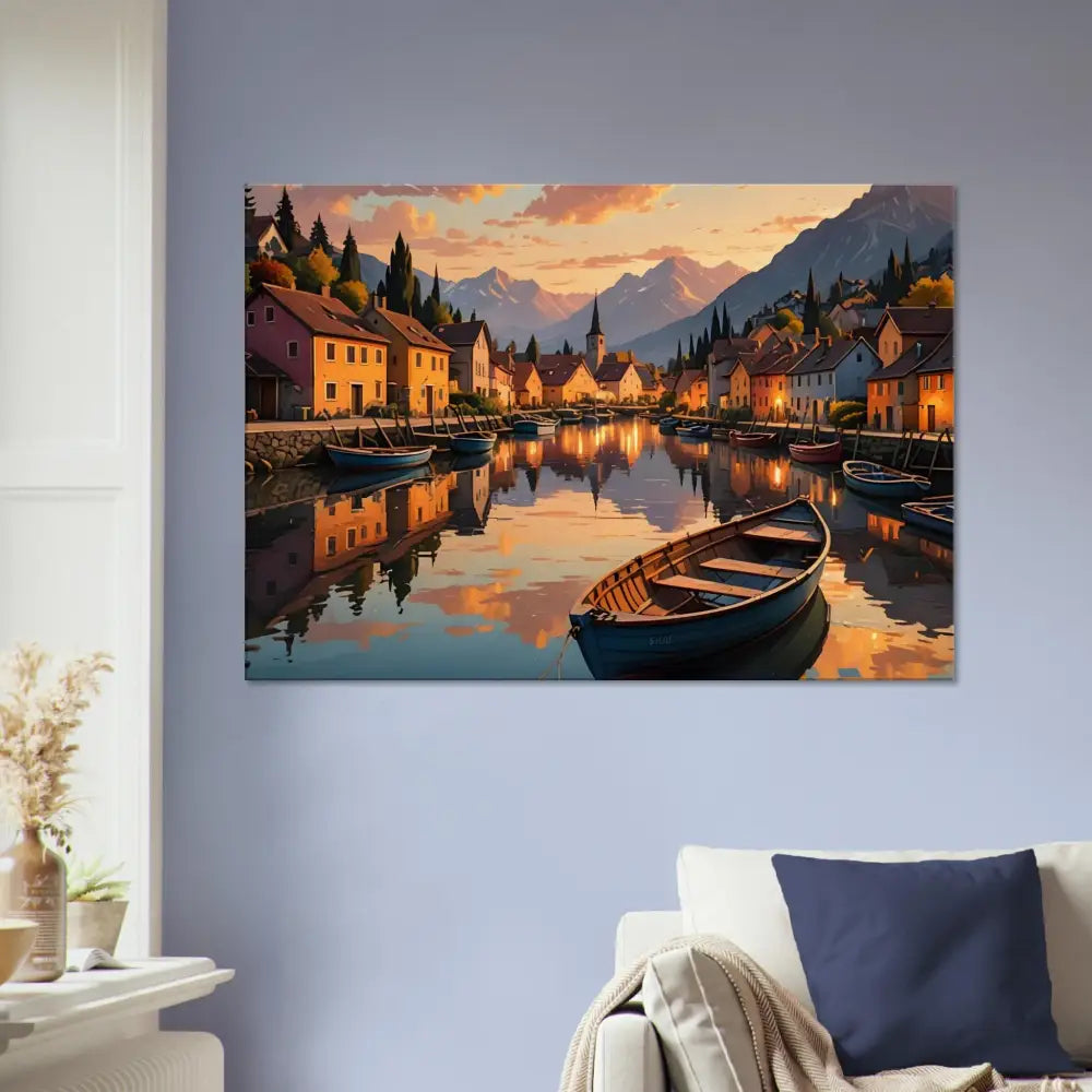 Canvas Print of a picturesque village canal scene at sunset with calming water reflections