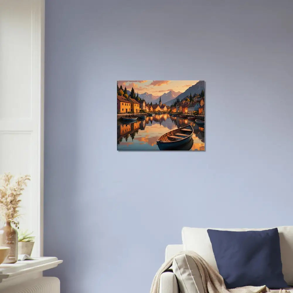 Lakeside village painting with sunset reflections on calm water in PixiOnyx Canvas Print