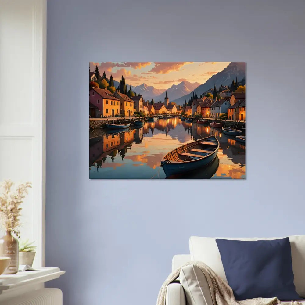 Picturesque village canal scene featuring sunset serenity on Canvas – Evening Glow on the Water