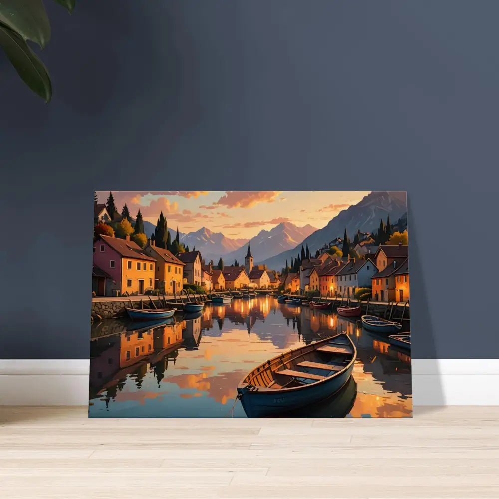 Calm village canal scene at sunset with reflections in Water for Canvas Evening Glow Print