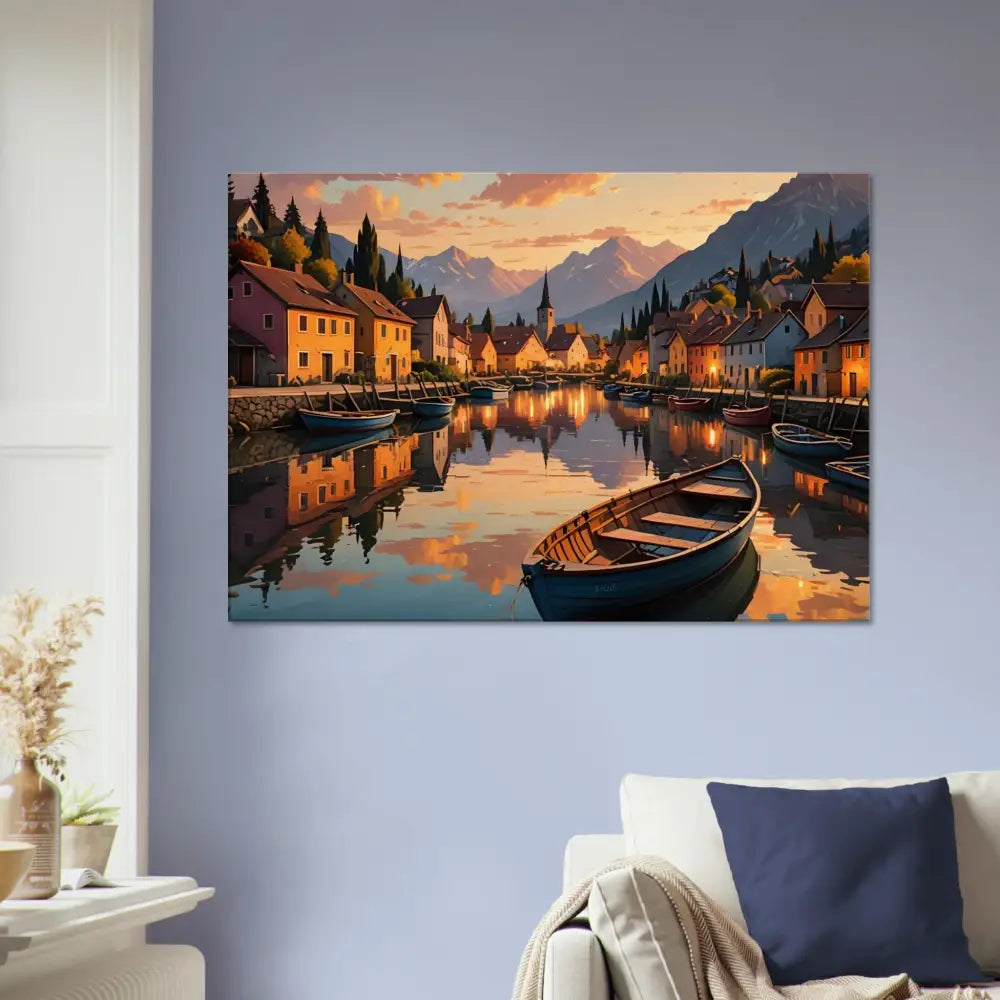 Picturesque village canal scene with sunset reflections on calm water in PixiOnyx print