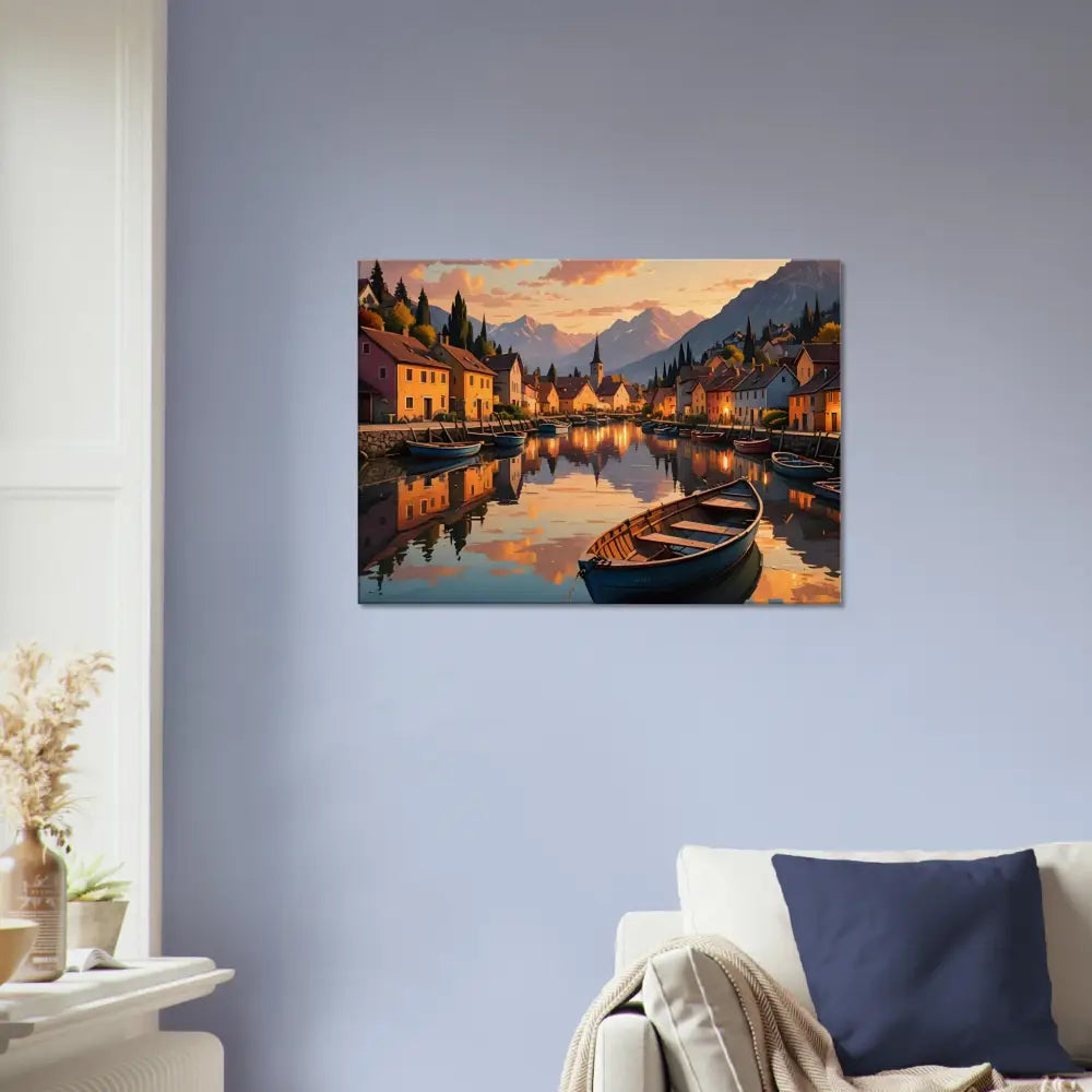 Picturesque waterside village painting on PixiOnyx Sunset Serenity Print Canvas