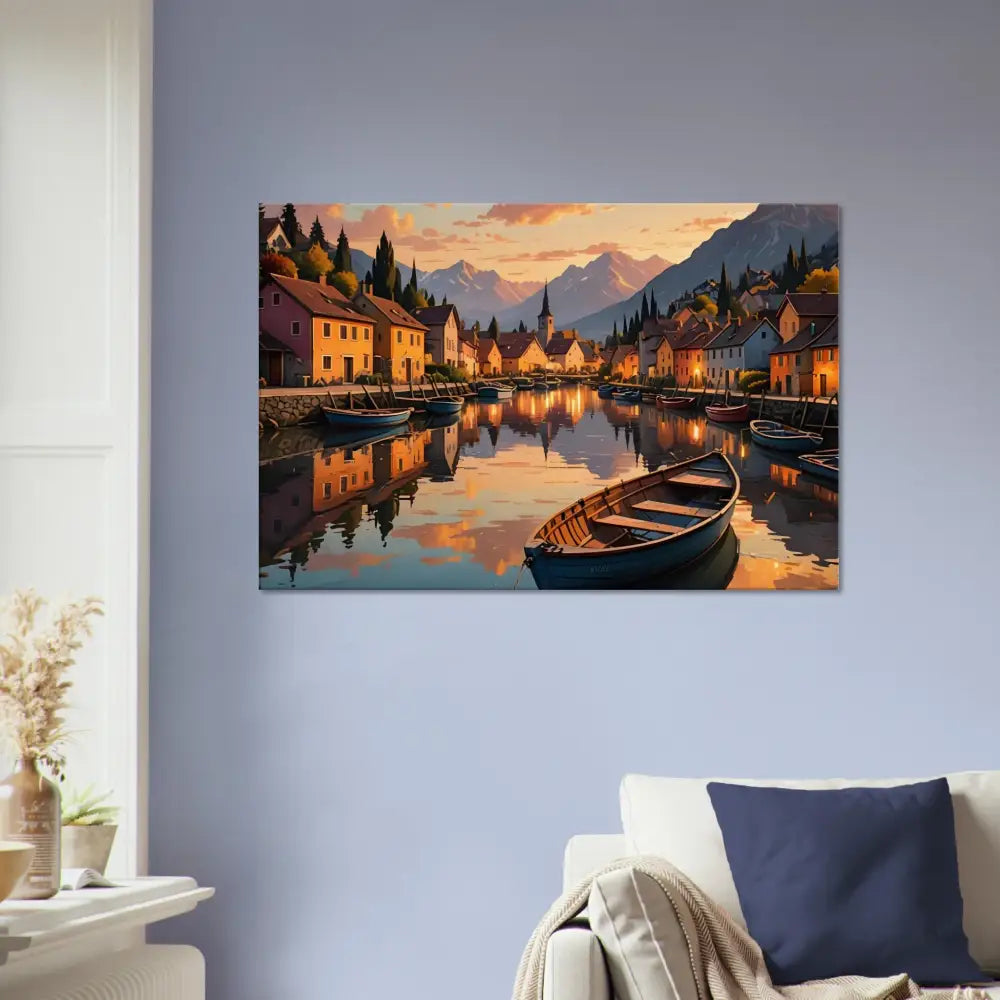 Picturesque village canal painting on Canvas – Evening Glow on the Water by PixiOnyx