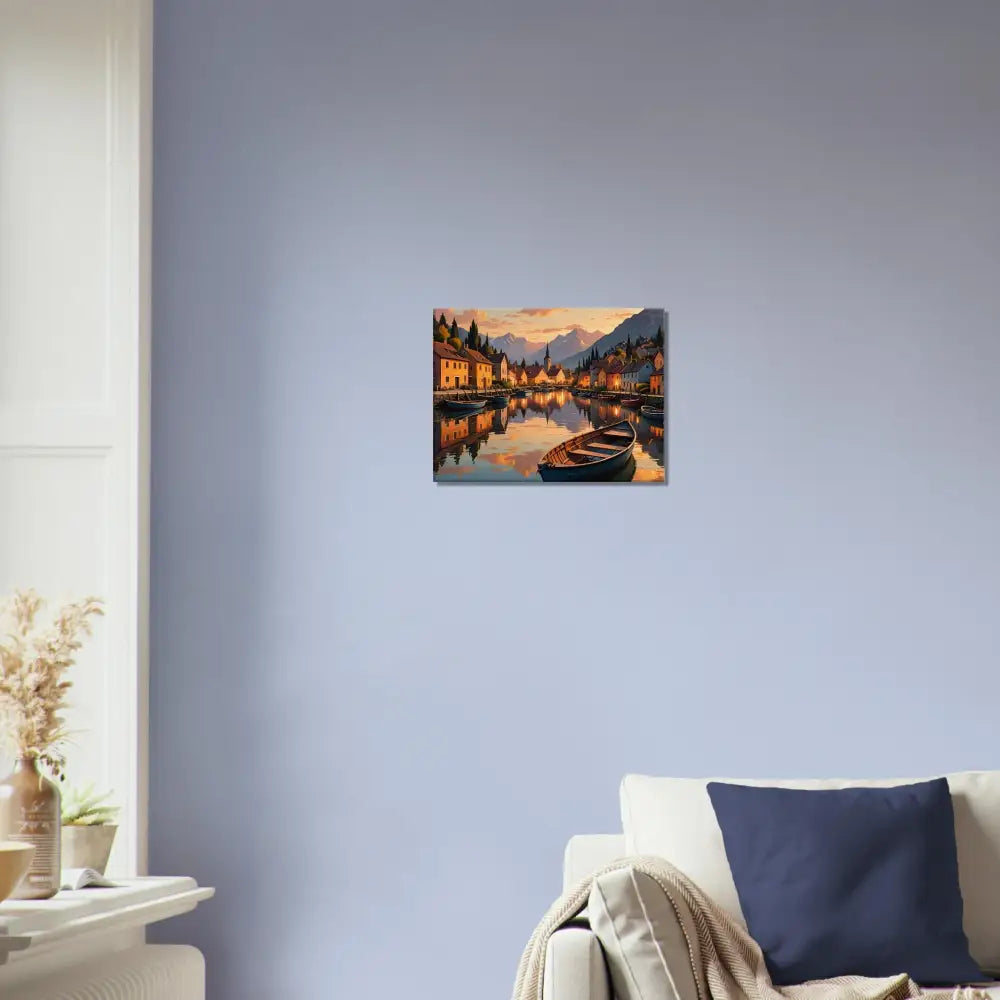 Framed lake town painting from PixiOnyx Sunset Serenity Print collection