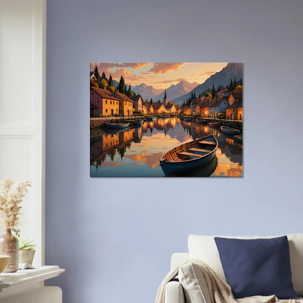 Picturesque village canal scene with sunset glow for Canvas Evening Glow on Water print