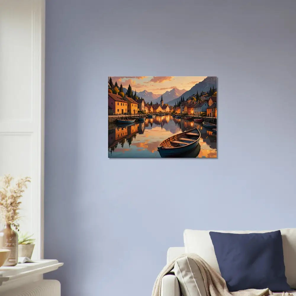 Framed landscape painting titled Canvas Evening Glow on the Water PixiOnyx Sunset Serenity Print