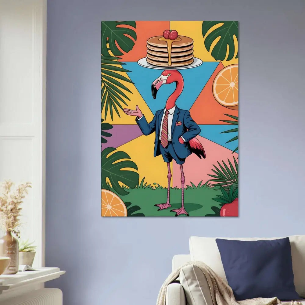 Vibrant Canvas Flamingo Waiter with Pancakes in a Jungle Brunch Hallucination style