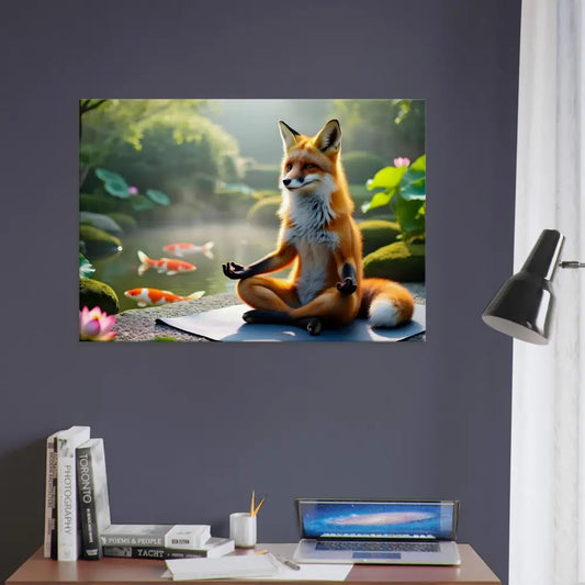 Framed Fox Meditating Print on Canvas in PixiOnyx Tranquility Textile Display
