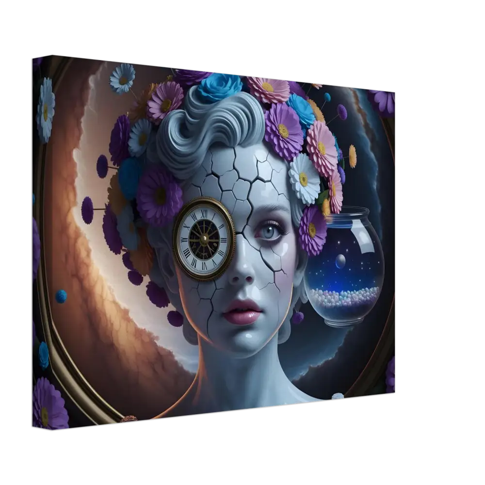 Surreal cracked-skin woman with clock eye and floral headdress on Canvas – Fractured Time | PixiOnyx Surreal Vision Wrap