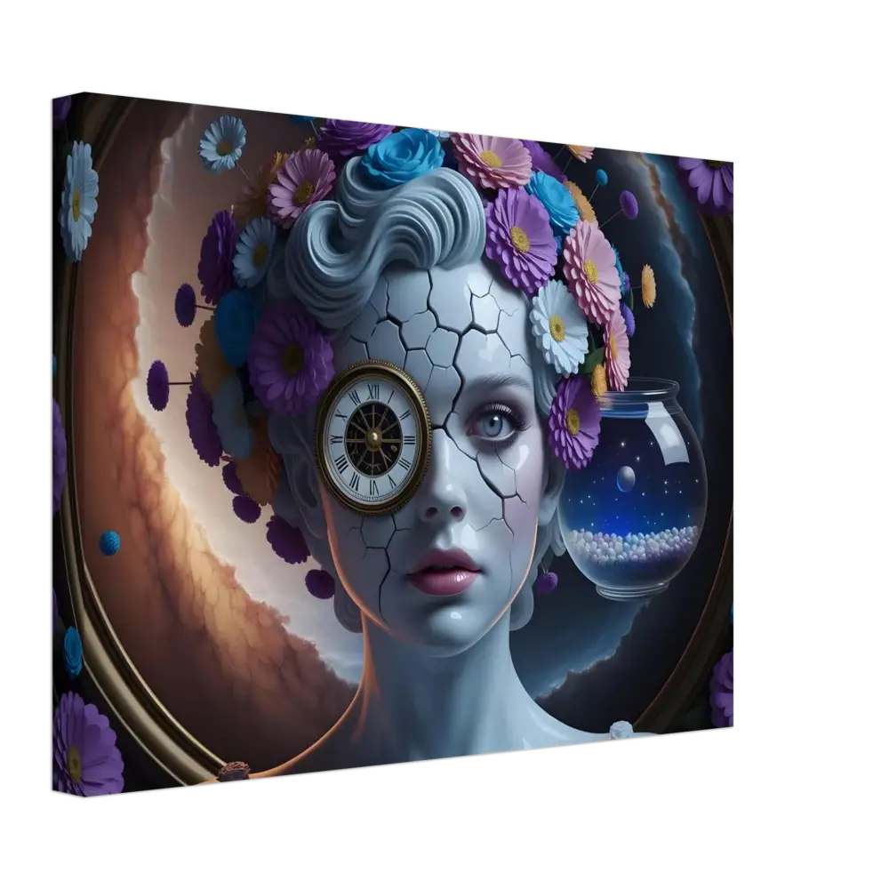 Surreal woman with cracked skin, clock eye, and floral headdress on Canvas Fractured Time PixiOnyx Wrap