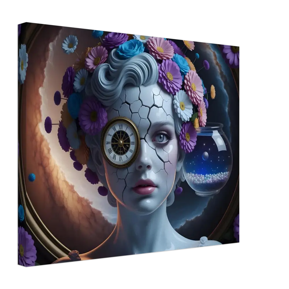 Surreal cracked-skin woman with clock eye and floral headdress on Canvas Fractured Time by PixiOnyx