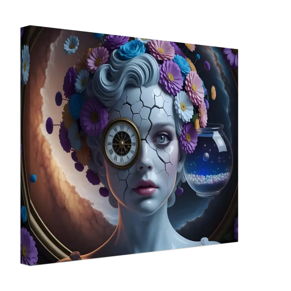 Surreal cracked woman portrait with clock eye and floral headdress on PixiOnyx Canvas Fractured Time