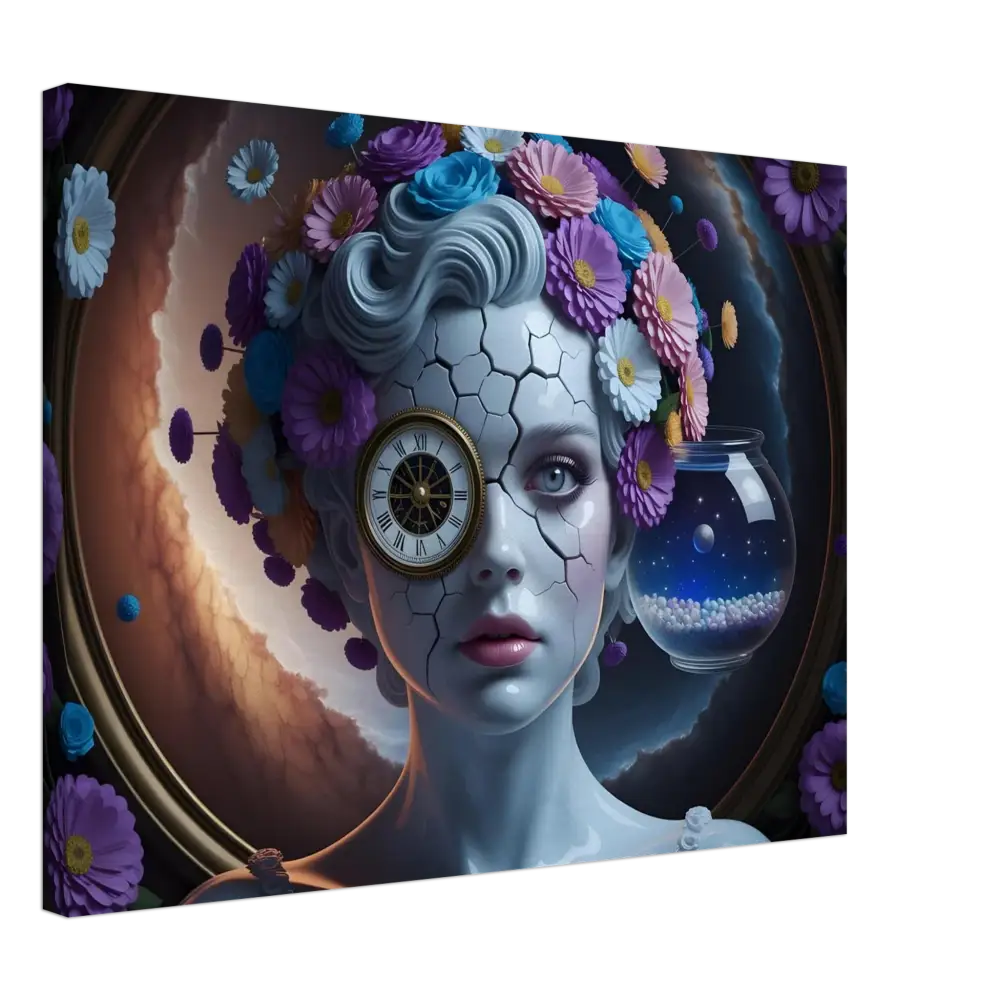 Surreal cracked woman portrait with clock eye on Canvas Fractured Time PixiOnyx Wrap