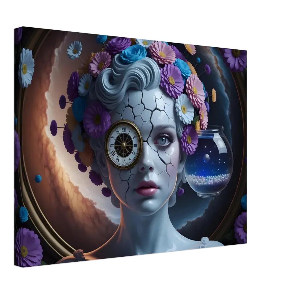 Surreal portrait with clock eye and floral headdress on Canvas Fractured Time PixiOnyx Wrap