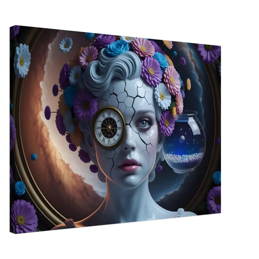 Surreal cracked-skin woman with clock eye and floral headdress in PixiOnyx Fractured Time Wrap