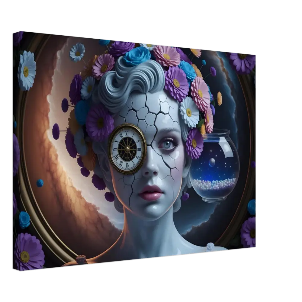 Surreal cracked-skin woman with clock eye and floral headdress on Canvas Fractured Time PixiOnyx