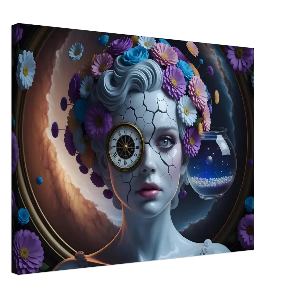 Surreal cracked-skin woman with clock eye and floral headpiece on Canvas Fractured Time wrap
