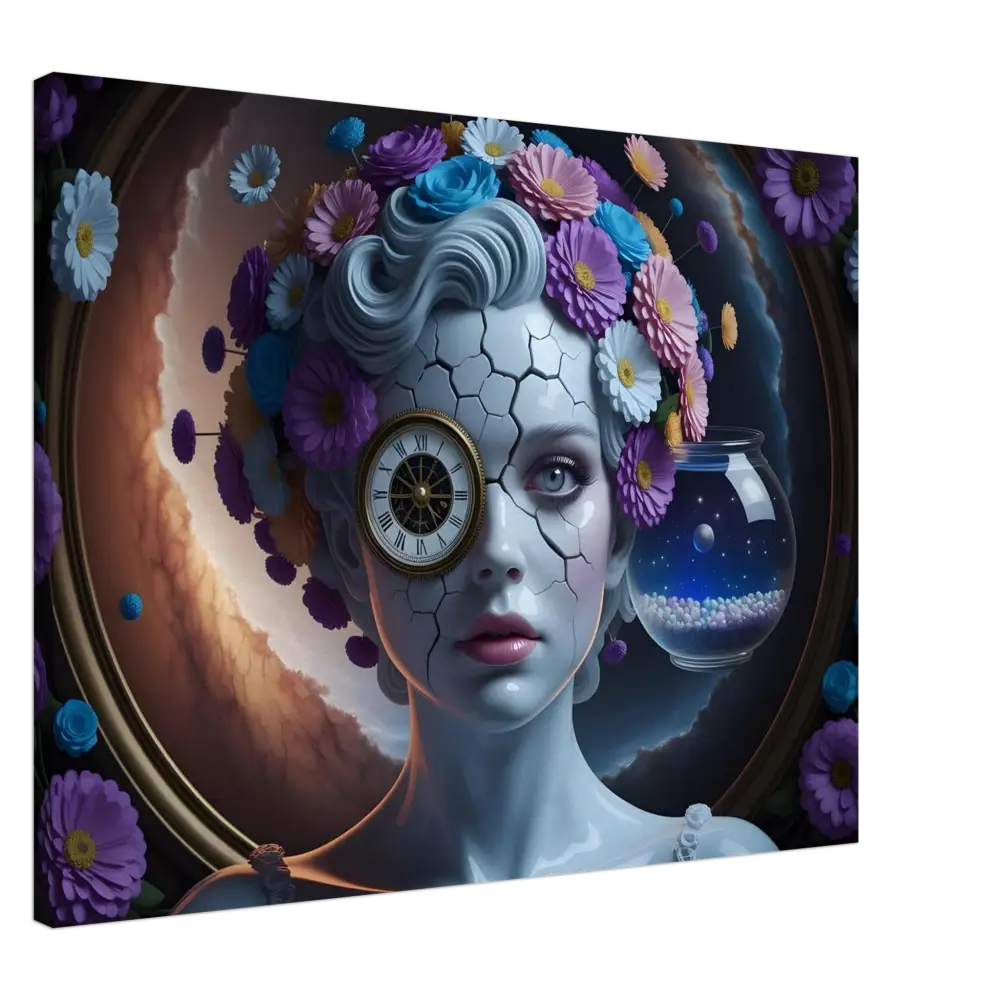 Surreal cracked-skin woman with clock eye and floral crown on Canvas Fractured Time PixiOnyx
