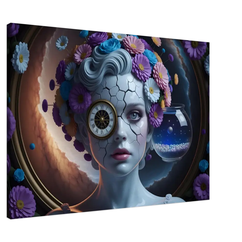 Surreal cracked-skin woman with clock eye and floral headdress in Canvas Fractured Time PixiOnyx wrap