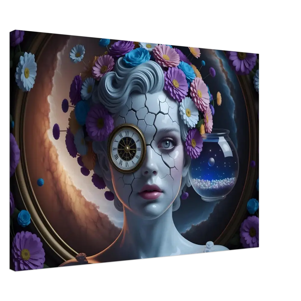 Surreal cracked porcelain woman’s portrait with clock eye and floral headdress on CanvasFractured Time PixiOnyx Surreal Vision Wrap