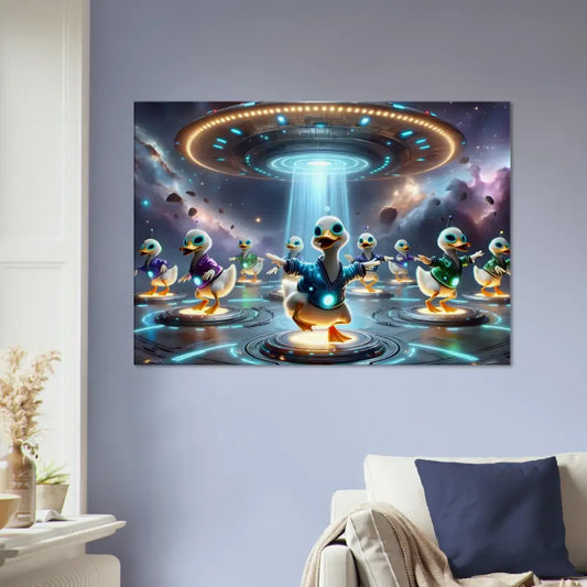 Canvas print of ducks being abducted by a UFO in PixiOnyx Astral Groove Scene