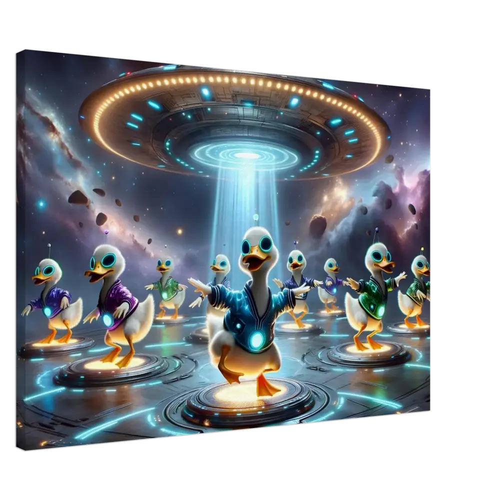 Whimsical alien duck abduction scene on Canvas Galactic Dance Crew PixiOnyx Astral Groove