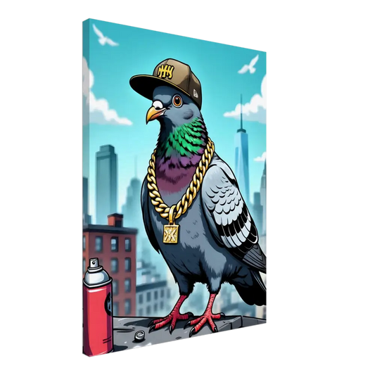 Cartoon pigeon wearing a hat and gold chain from Canvas Gangster Pigeon Skyline print