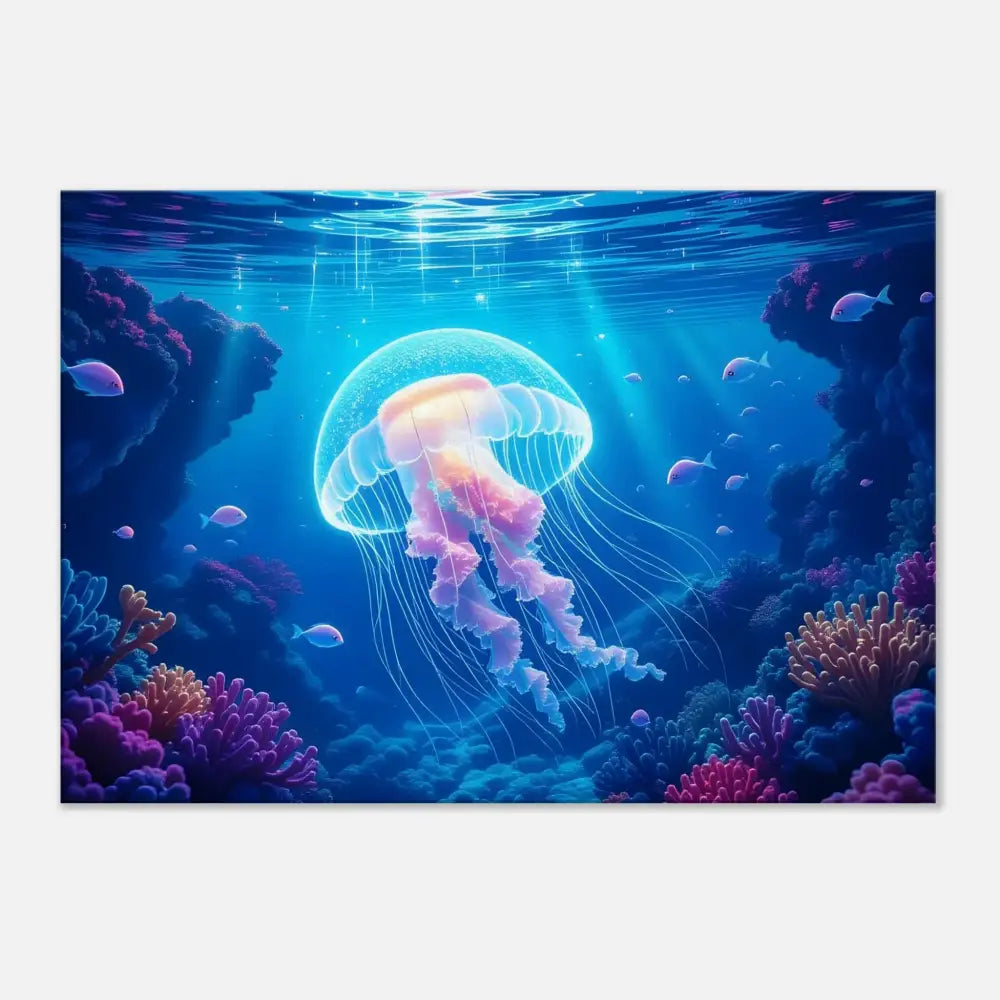 Glowing jellyfish in a colorful coral reef for Canvas – Glowing Wanderer Cosmic Drift